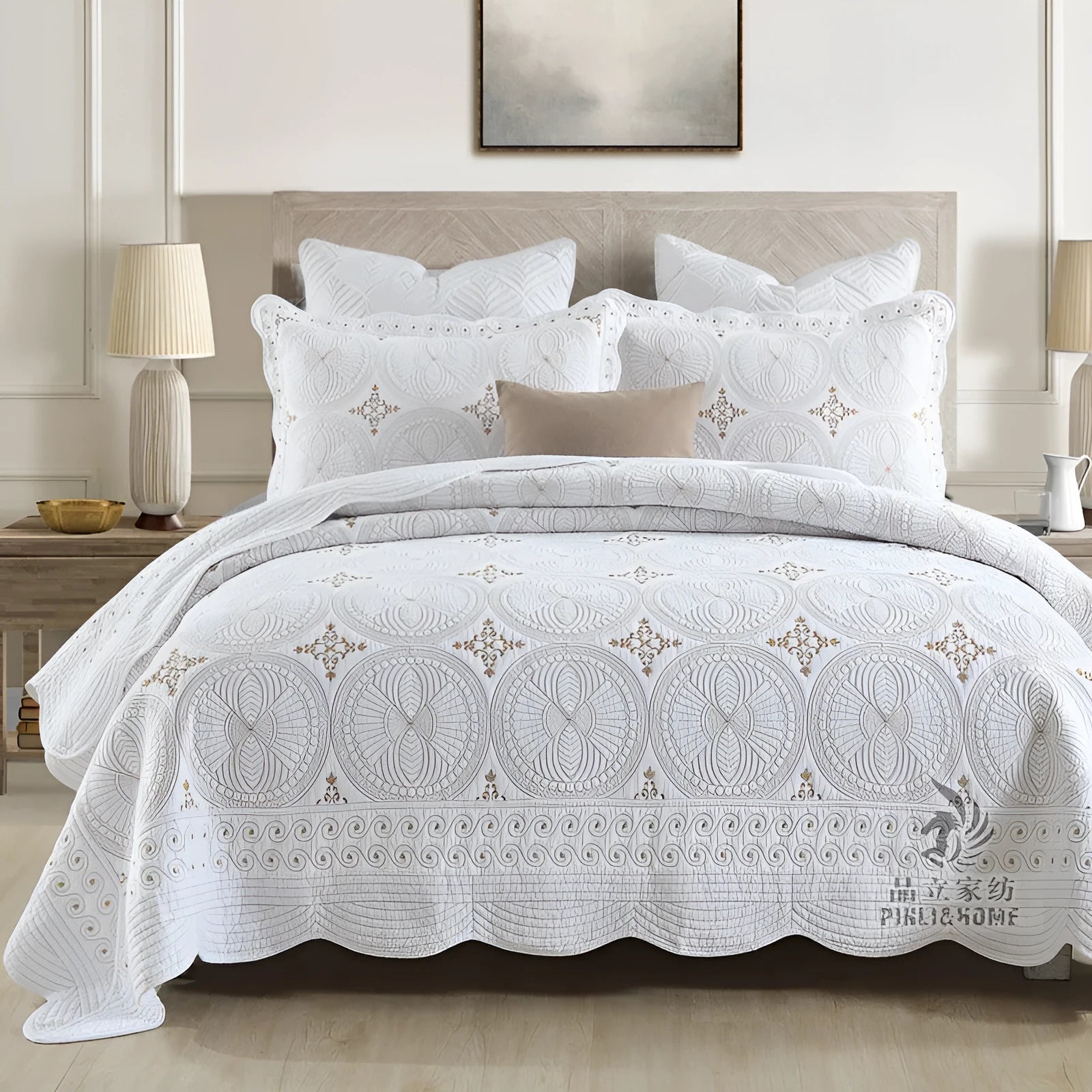 European-style embroidery cotton bed cover set with matching pillowcases for 1.8 metre beds