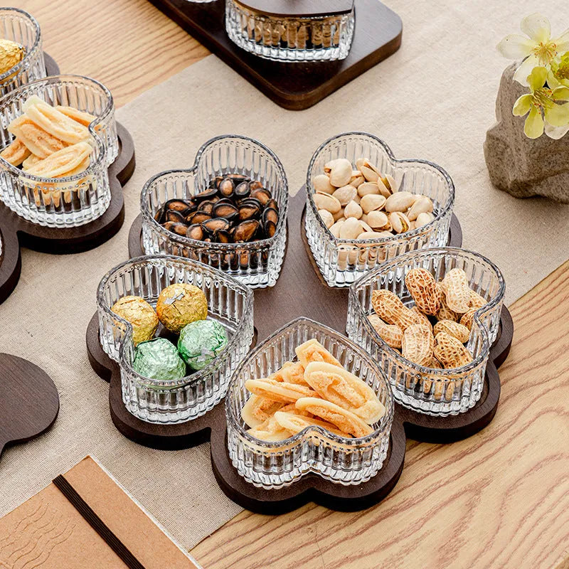 Glass retro serving platter with transparent heart-shaped lid showing multiple snack compartments