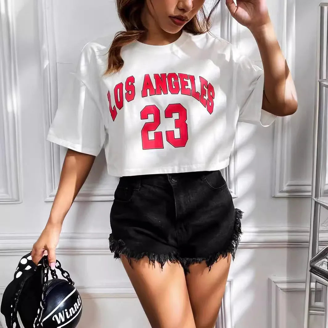 A loose-fit black cotton t-shirt with printed white English letters and an exposed navel design.
