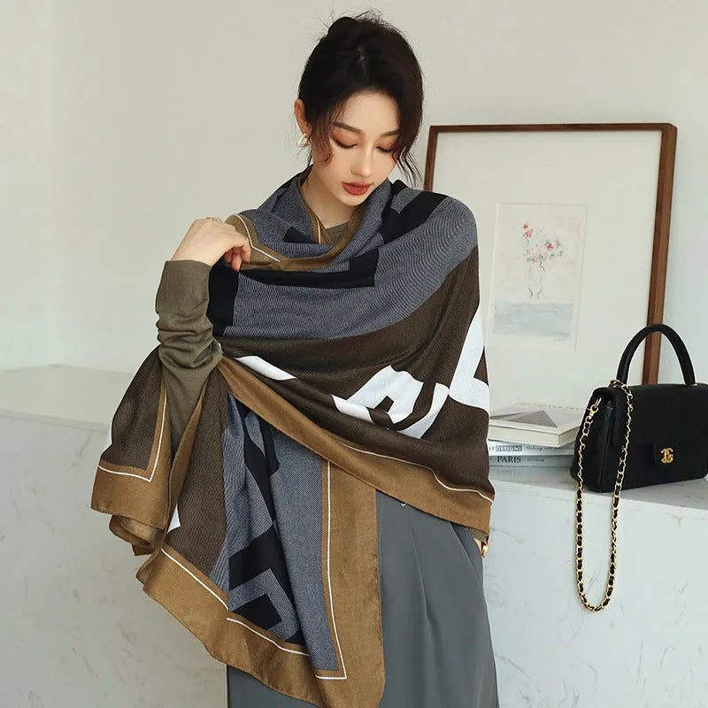 Polyester printed vintage style women's scarf measuring 180cm by 90cm for autumn warmth