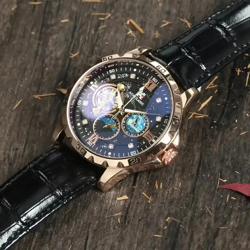 Automatic mechanical watch with large hollow dial showing movement, rose gold case, black face, leather strap