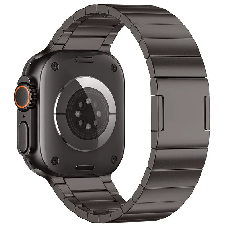 Silver magnetic buckle stainless steel strap for Apple Watch on a wrist
