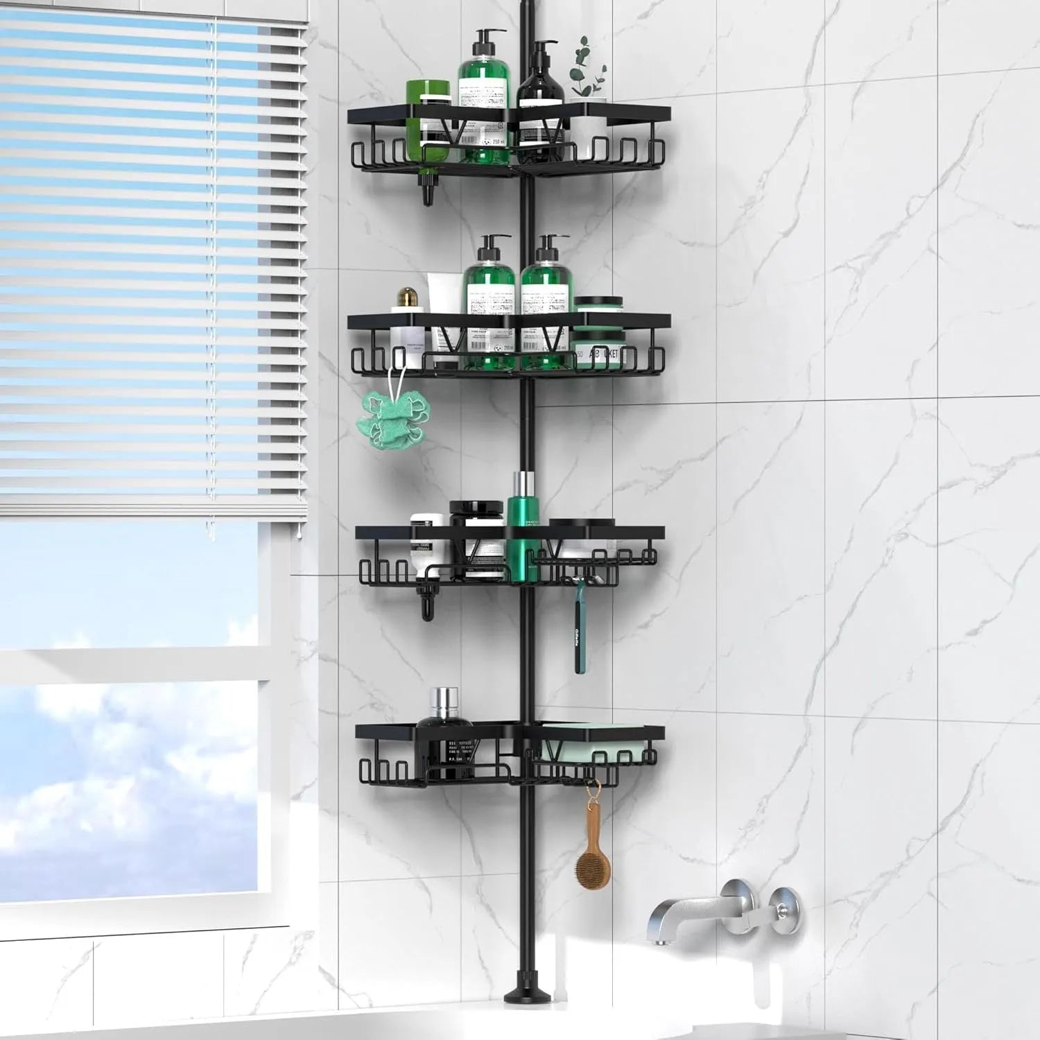 Hole-free retractable bathroom storage rack with 4 stainless steel shelves