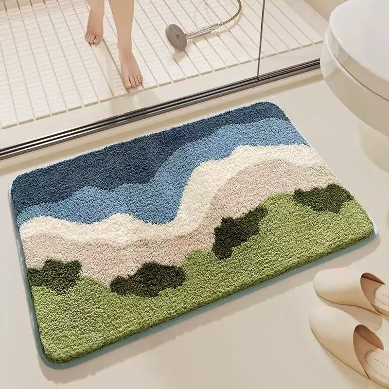 Square rainbow print floor mat with blue Sky Sea colours and a plastic dirt-resistant bottom