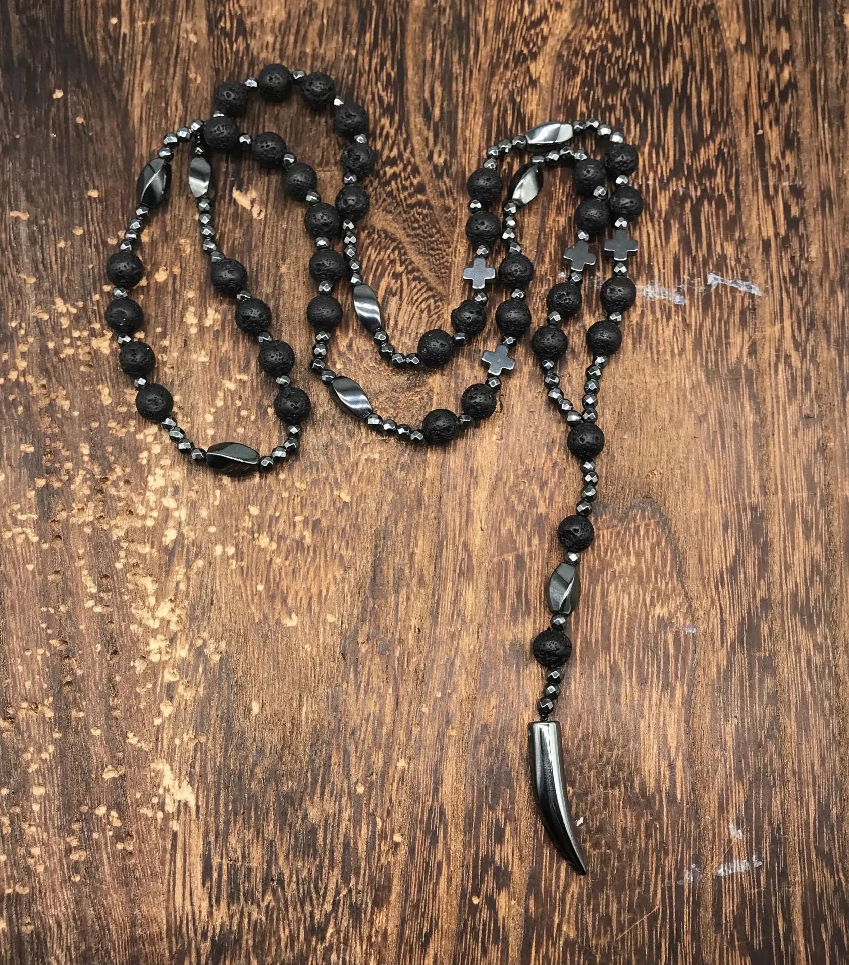 Men's stone cross pendant necklace with hand-woven detail on an 80cm ball bead chain.