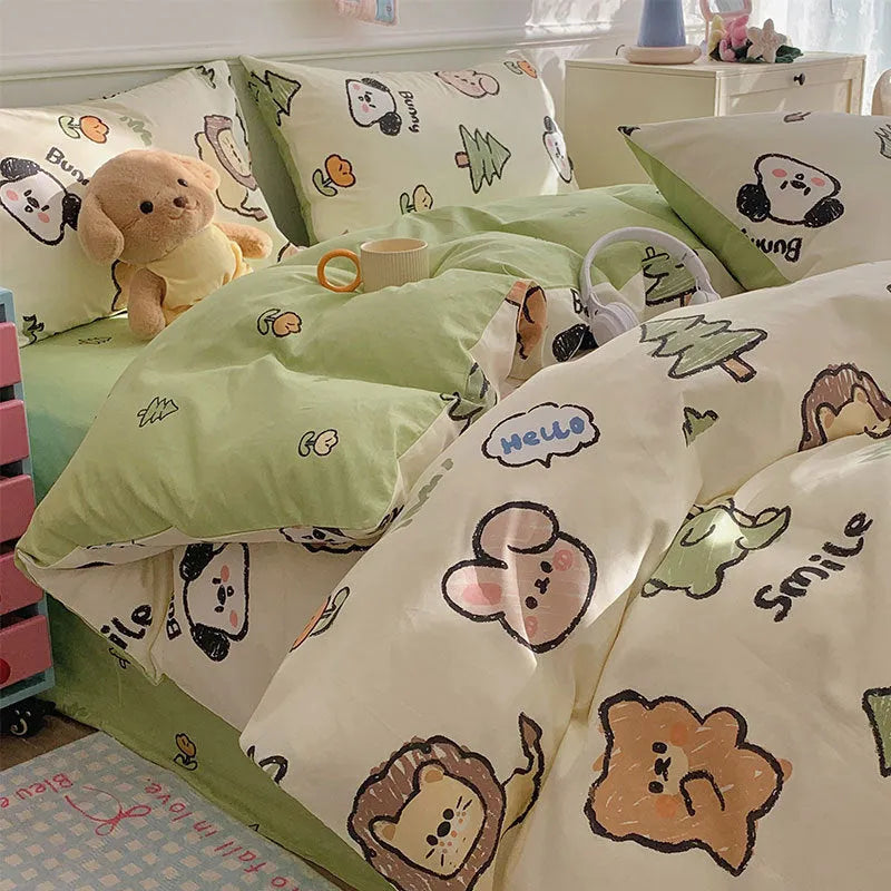 Cartoon dog pattern cotton bed sheet four-piece set shown on bed with matching pillowcases