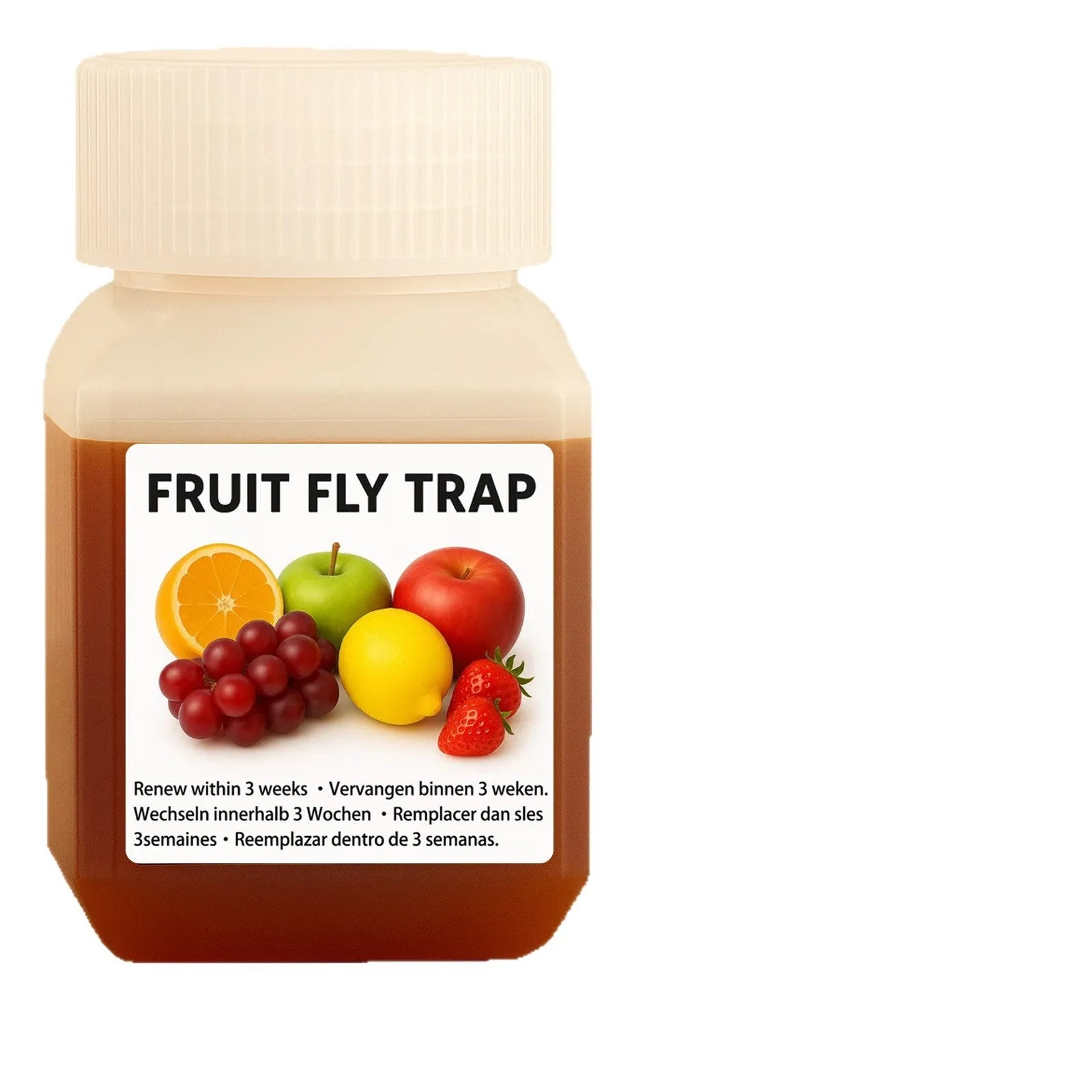 Bottle of SK003 fruit fly bait liquid with optional funnel for placement.
