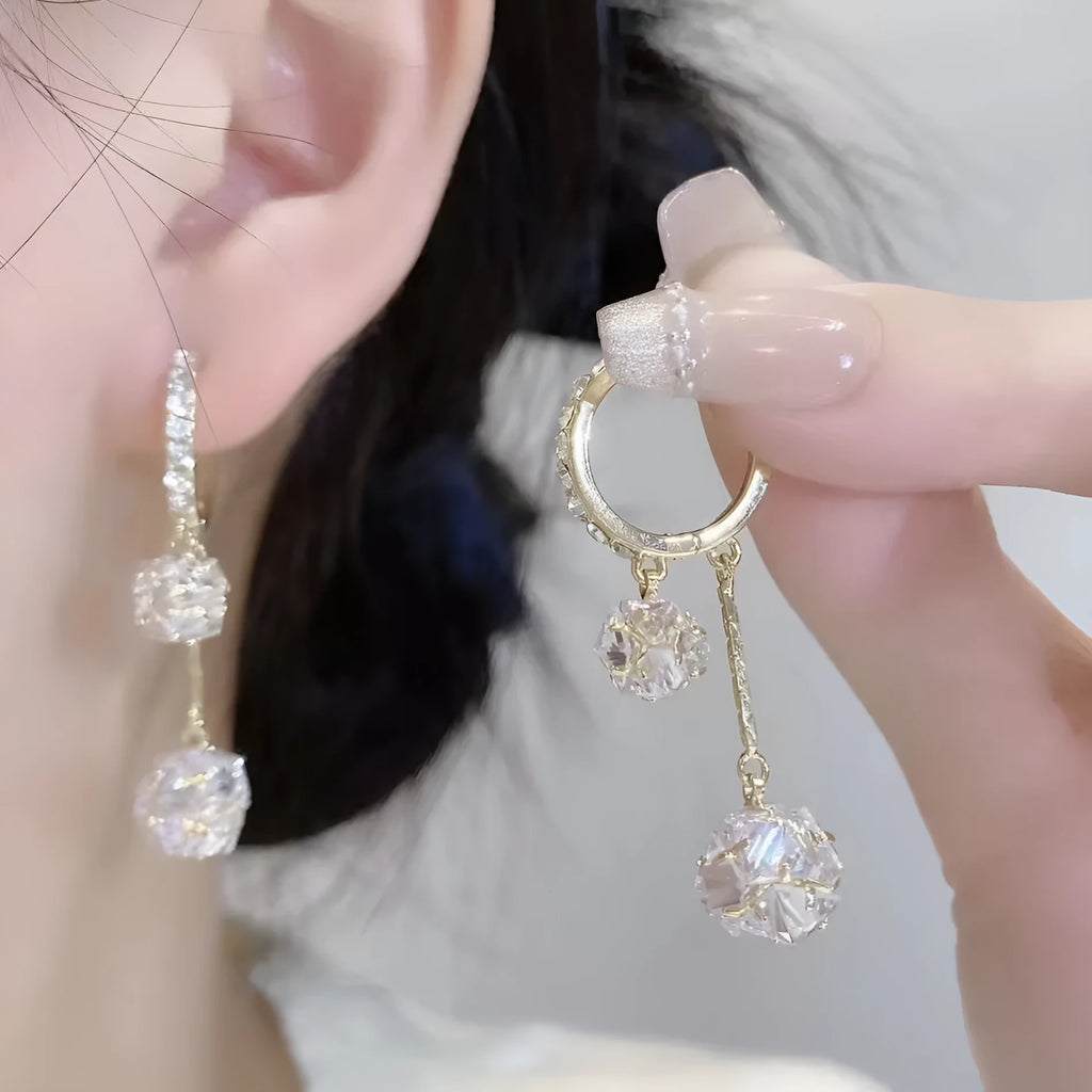 Silver confession balloon and rhinestone tassel ball drop earrings with clip-on backs