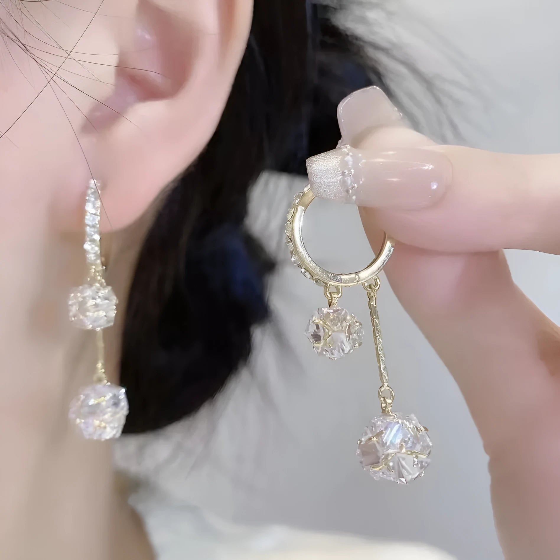 Silver confession balloon and rhinestone tassel ball drop earrings with clip-on backs