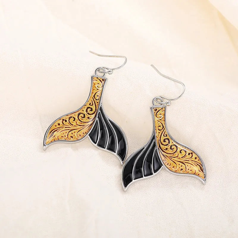 Women's fishtail earrings with whale design in white gold colour retro style alloy jewellery