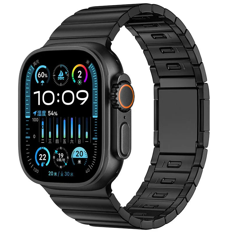 Silver magnetic buckle stainless steel strap for Apple Watch on a wrist