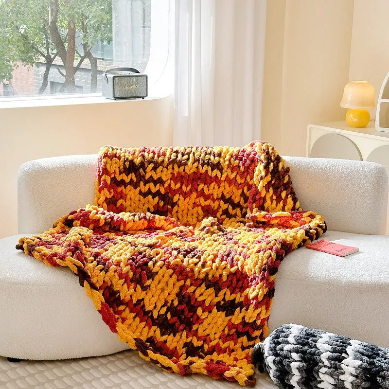 Thick striped chenille winter blanket laid flat, showing its 130x170cm size and handmade ice bar dyed pattern.