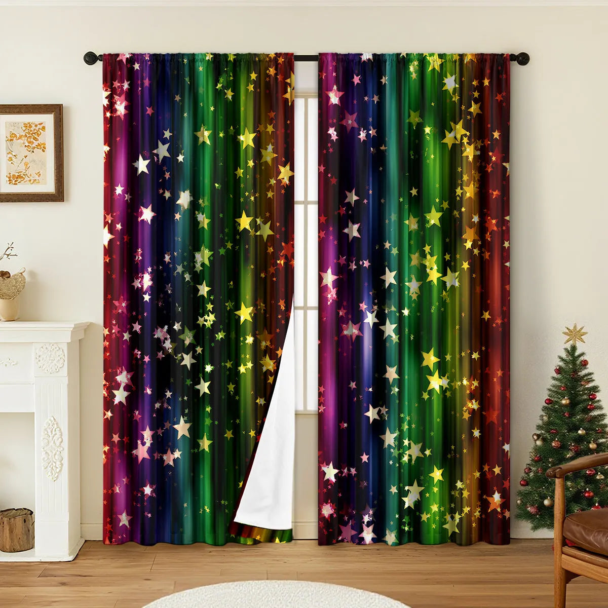Pair of 3D digital printed polyester Christmas curtains with high sunshade capability in various sizes