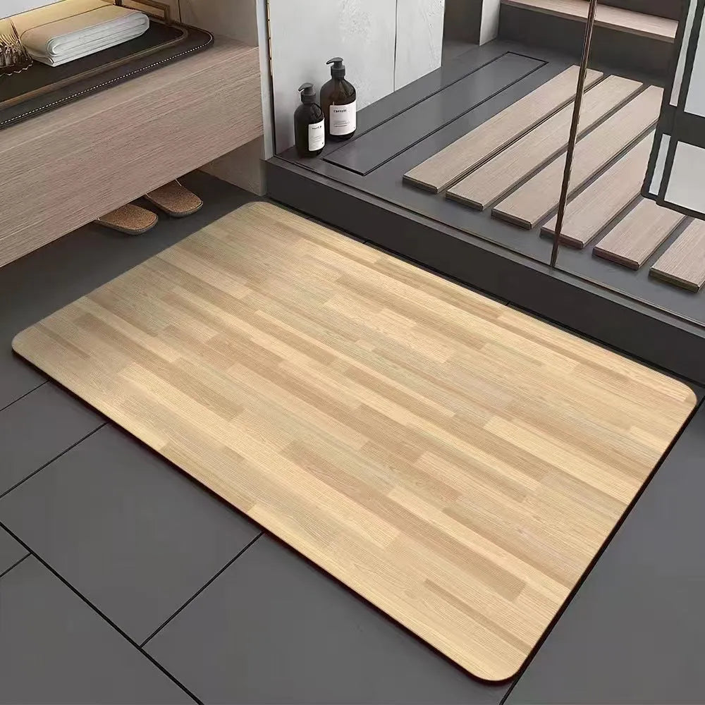 Square American style wood grain patterned diatom ooze bathroom floor mat on a tiled floor.