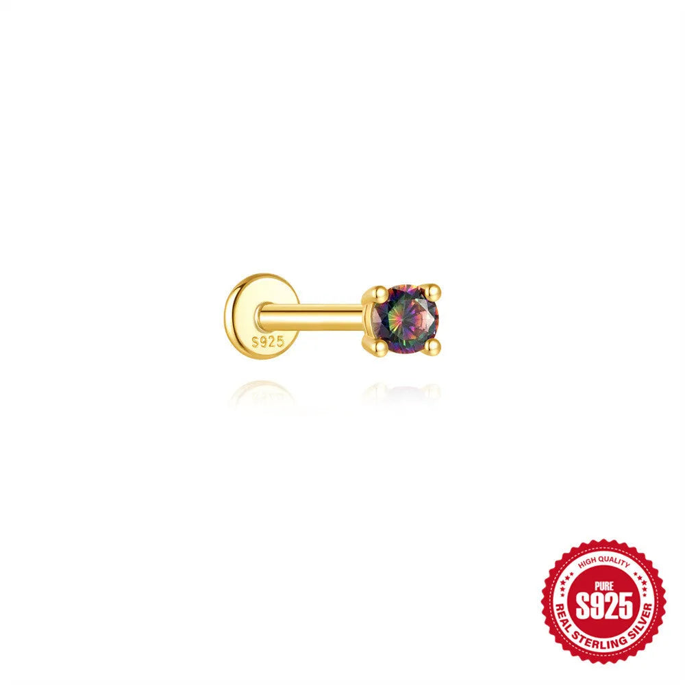 S925 sterling silver thread piercing earring with super shiny rainbow stone flat head in single gold colour.