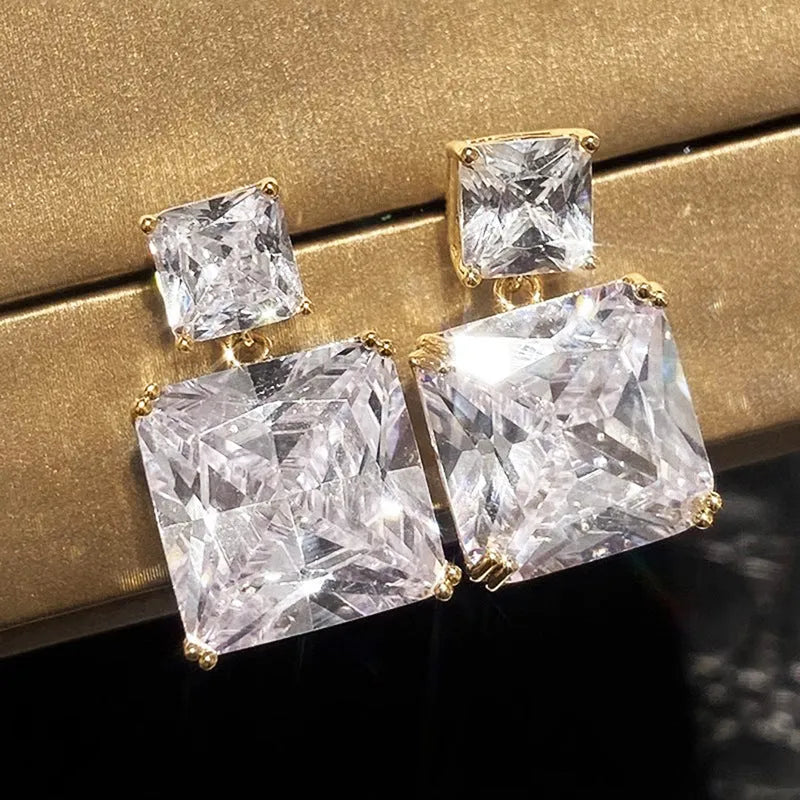 Geometric square copper earrings with quadrilateral design in white gold or gold colour options