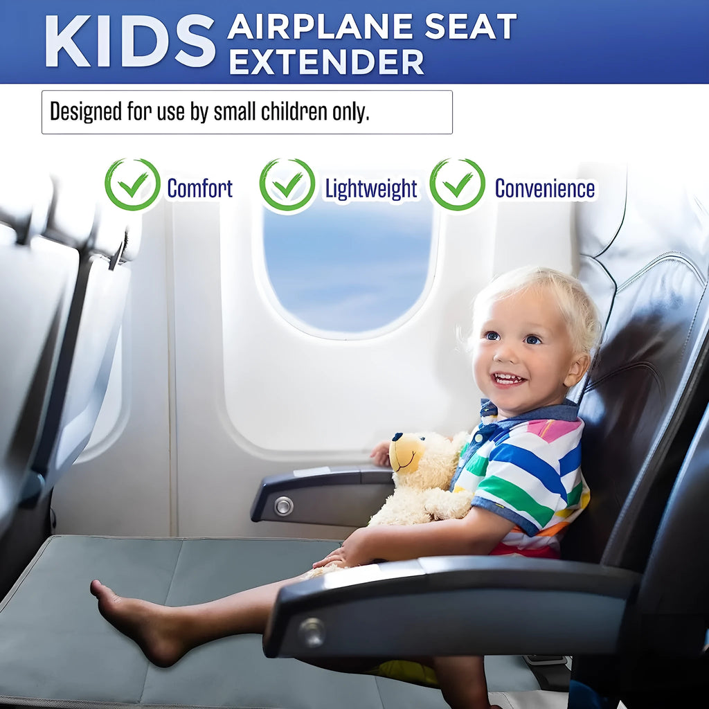 Portable blue children's aircraft seat extender with adjustable pedal device and matching drawstring pocket.