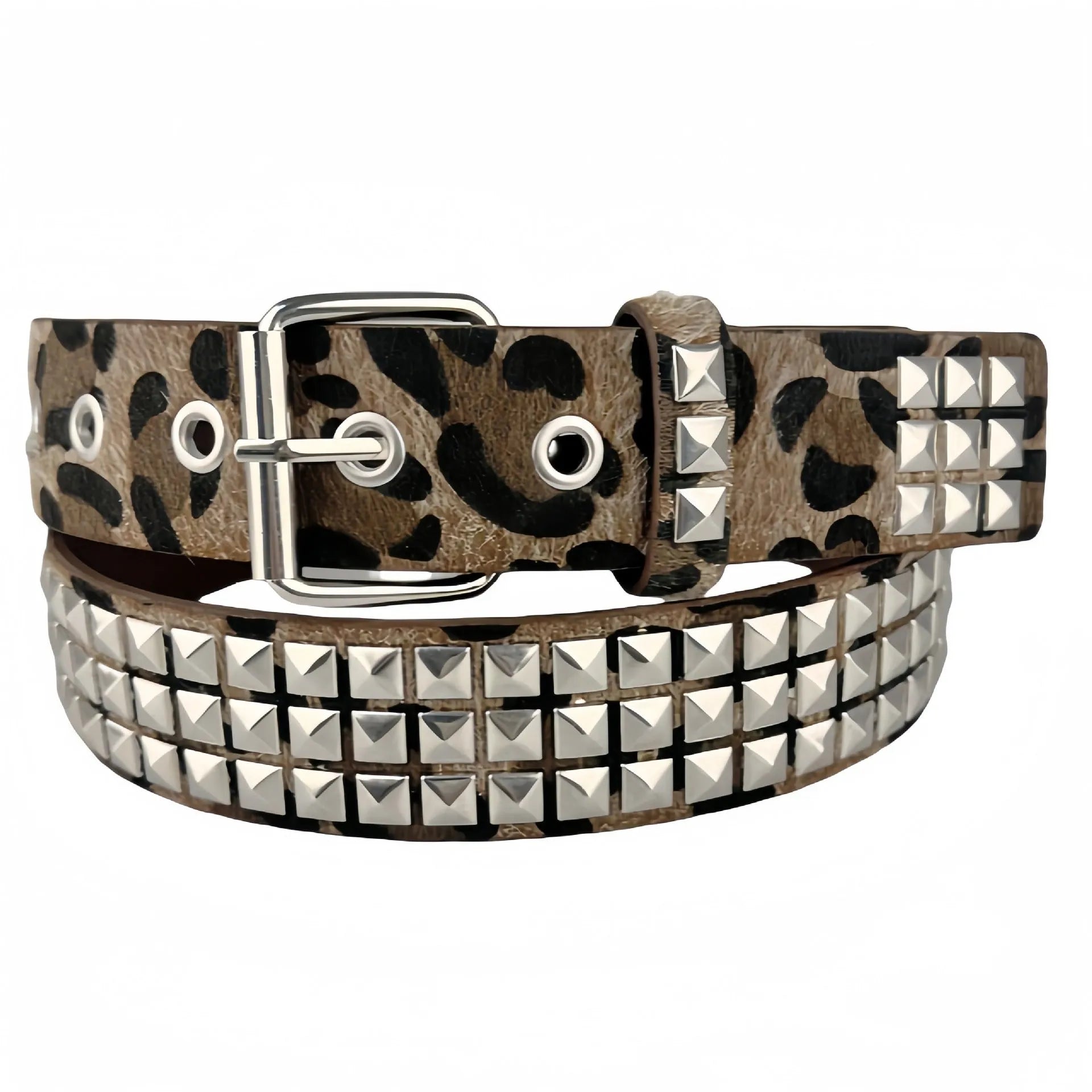 Women's punk hip hop belt with metal rivets and animal print pattern in brown leopard, rose red, or white zebra.