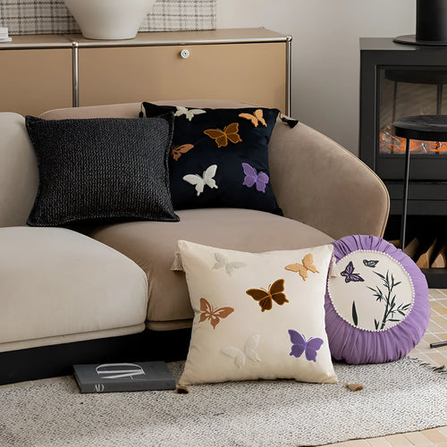 Square beige cushion with embroidered black butterfly in Chinese style pattern