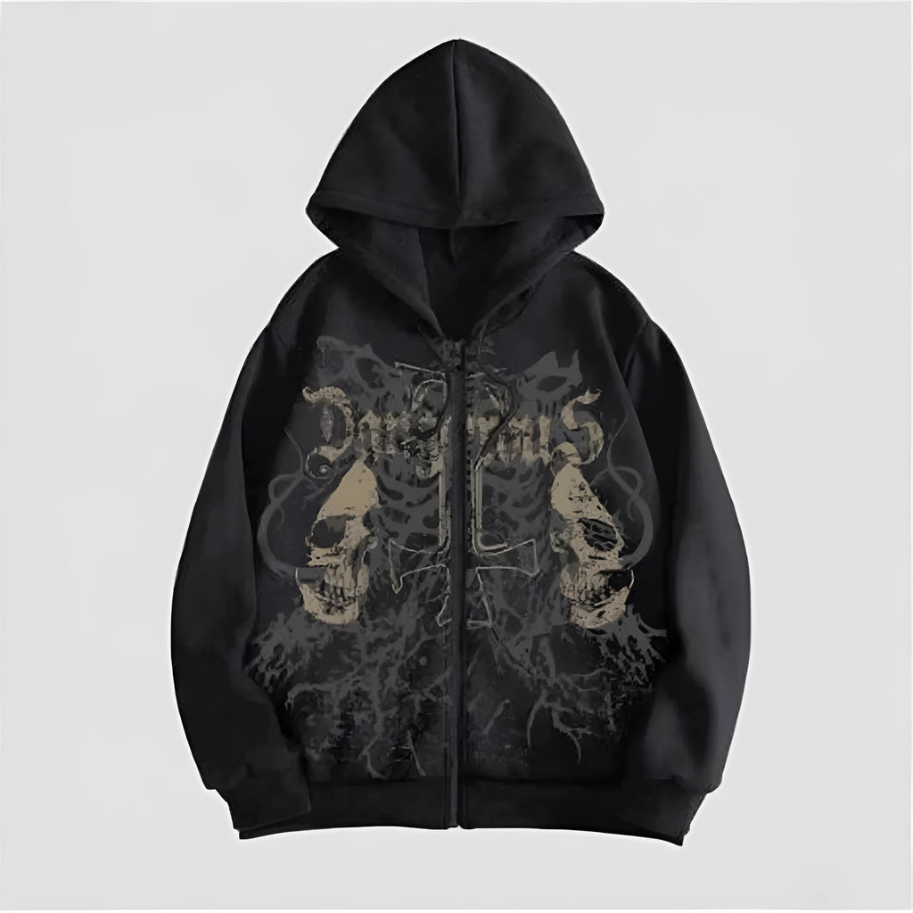 Men's black hooded sweatshirt with skull print and long sleeves in Harajuku style