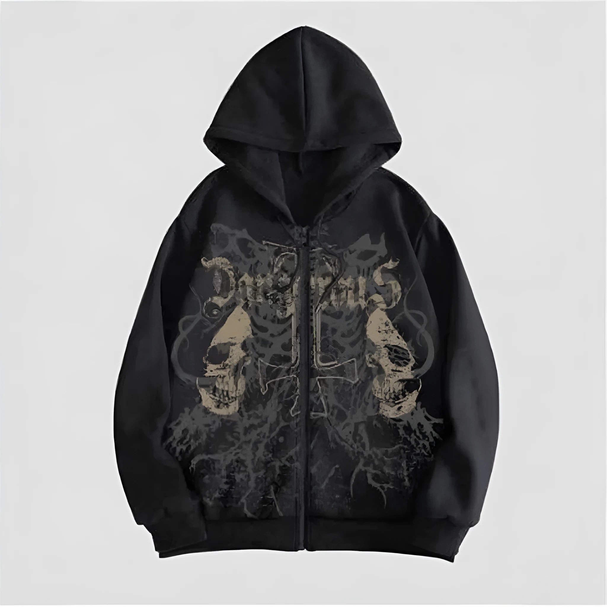 Men's black hooded sweatshirt with skull print and long sleeves in Harajuku style