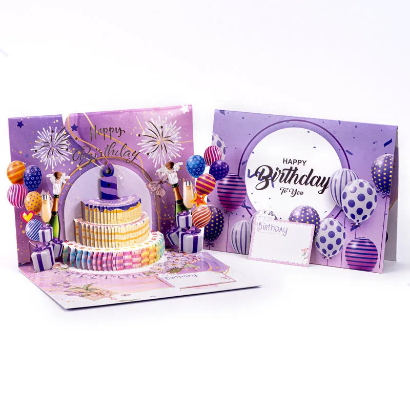 Open 3D greeting card with Chinese ink style cake design, showing hand-folded paper dimensions of 15cm by 20cm.