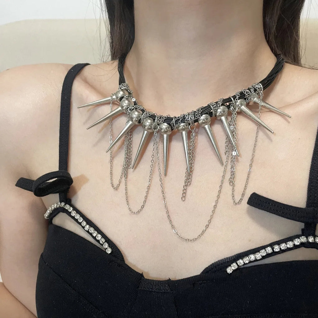 Genuine leather tassel necklace with electroplated rivet details and round beads