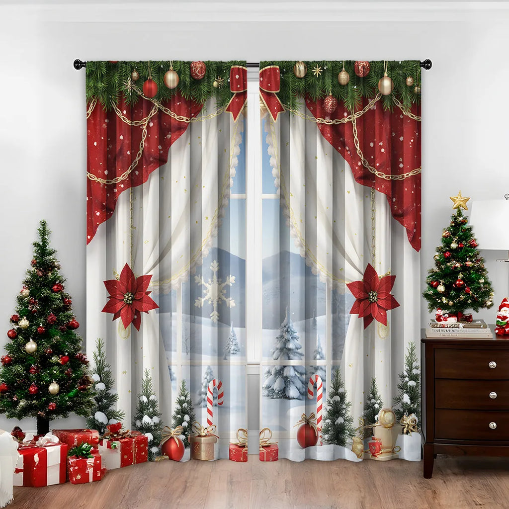 Pair of 3D digital printed polyester Christmas curtains with high sunshade capability in various sizes