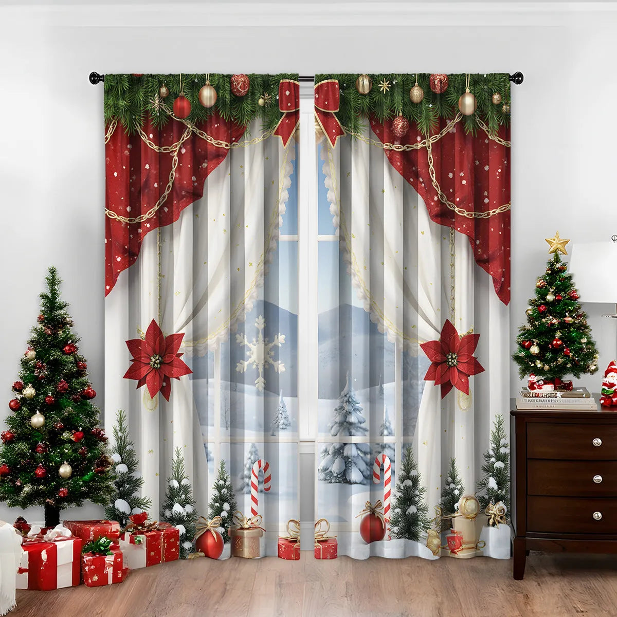 Pair of 3D digital printed polyester Christmas curtains with high sunshade capability in various sizes
