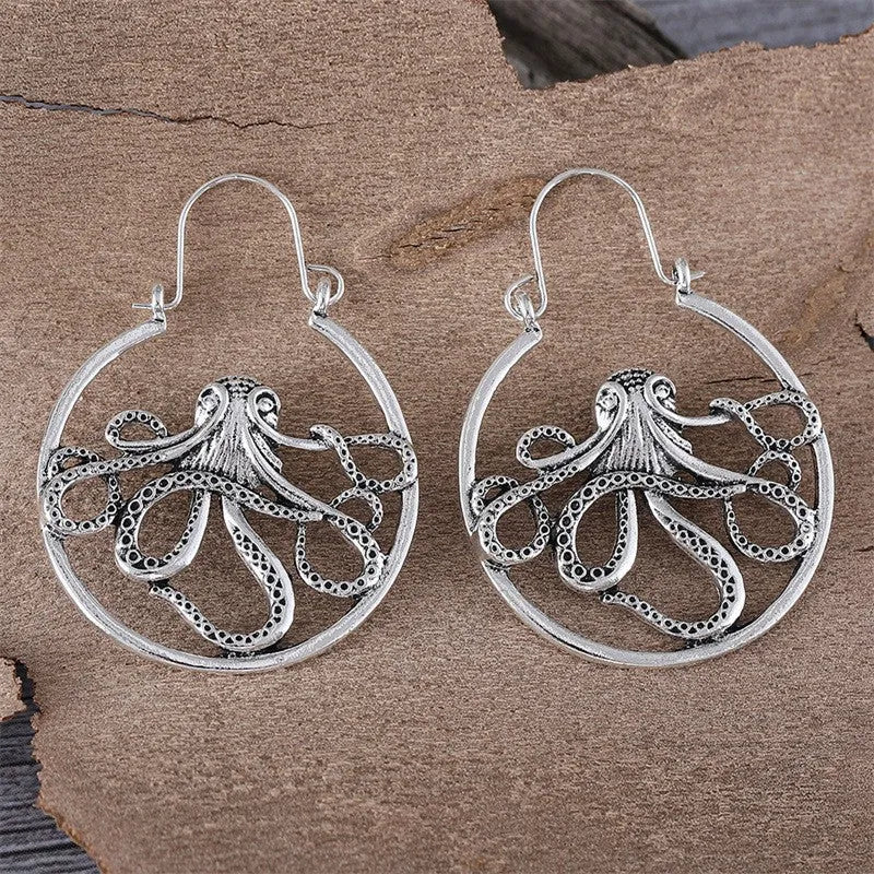 Vintage antique silver octopus earrings with zinc alloy construction and retro animal design