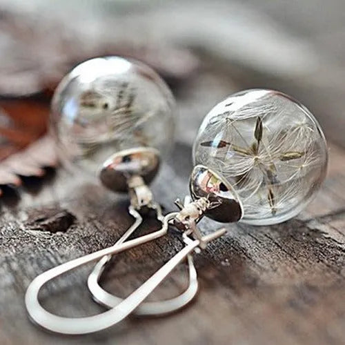 Transparent glass ball earrings on a French hook, showing dandelion seed design in silver and bronze finishes.