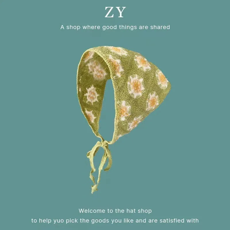 Cotton triangular headscarf with French retro floral pattern in multiple colour options