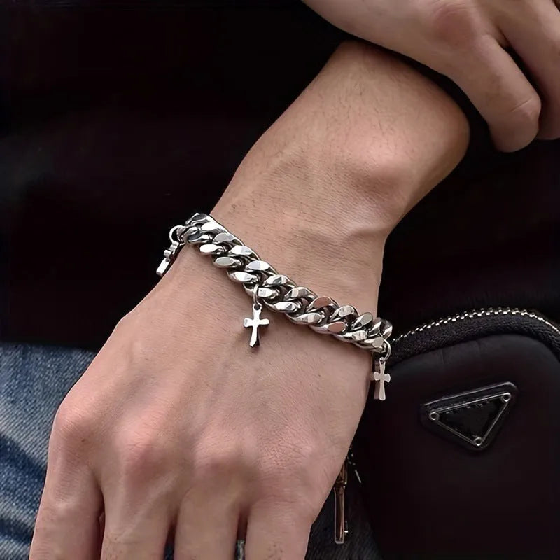 Men's titanium steel bracelet with geometric shape and cross design in a cold wind style.