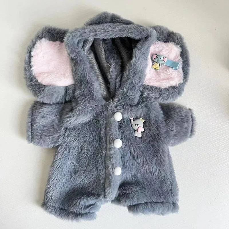 Grey elephant pattern plush jumpsuit for 30cm dolls compatible with Lina Bear clothes