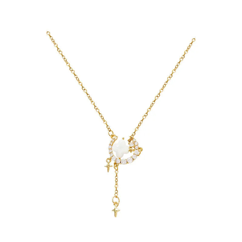 Women's star and moon zirconium necklace on adjustable copper chain in gold finish