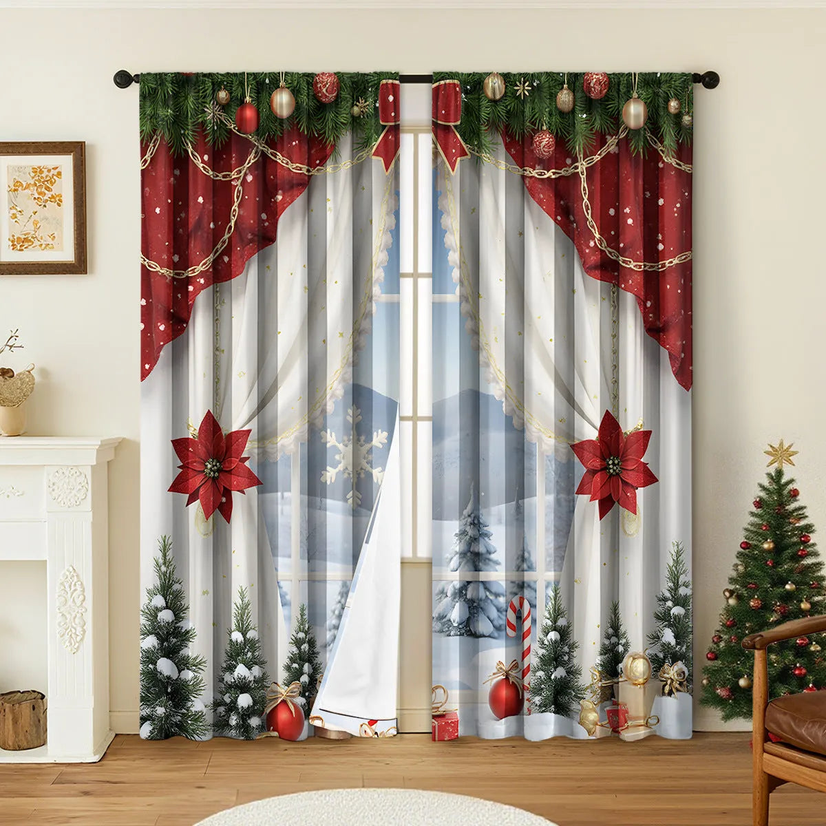 Pair of 3D digital printed polyester Christmas curtains with high sunshade capability in various sizes