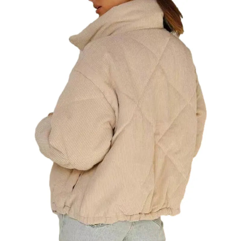Women's apricot corduroy jacket with stand collar, long sleeves, and full-length zipper closure