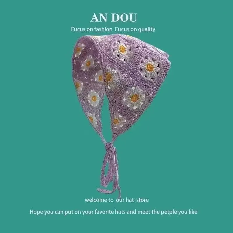 Cotton triangular headscarf with French retro floral pattern in multiple colour options