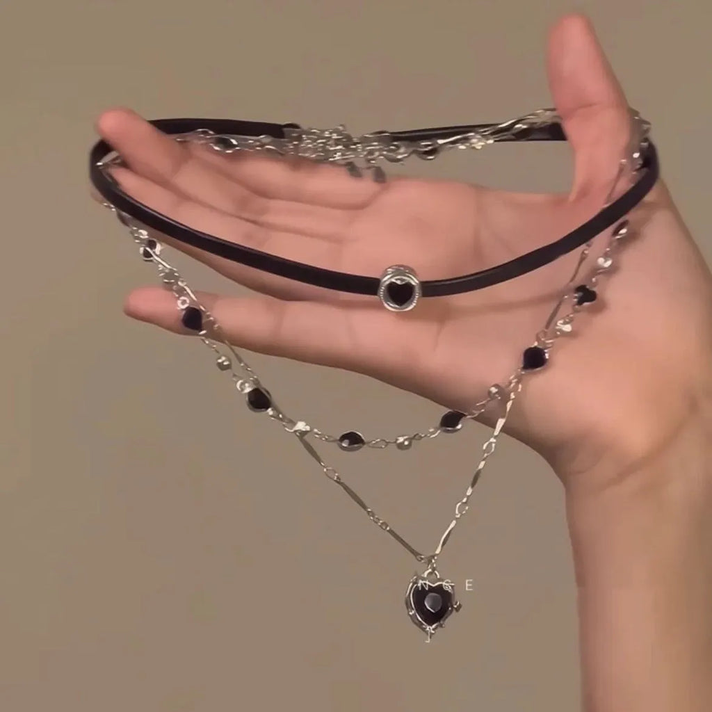Women's multi-layer twin necklace with leather heart pendant on adjustable alloy clavicle chain