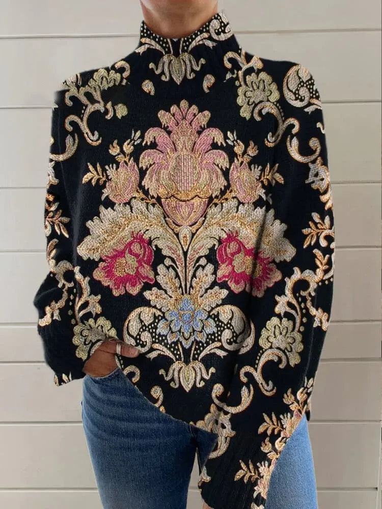 Black 3D pattern loose fit turtleneck long sleeve sweater on a hanger
