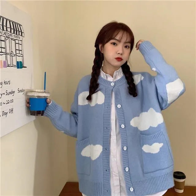 Blue cloud pattern women's loose spandex cardigan with long sleeves for autumn winter wear