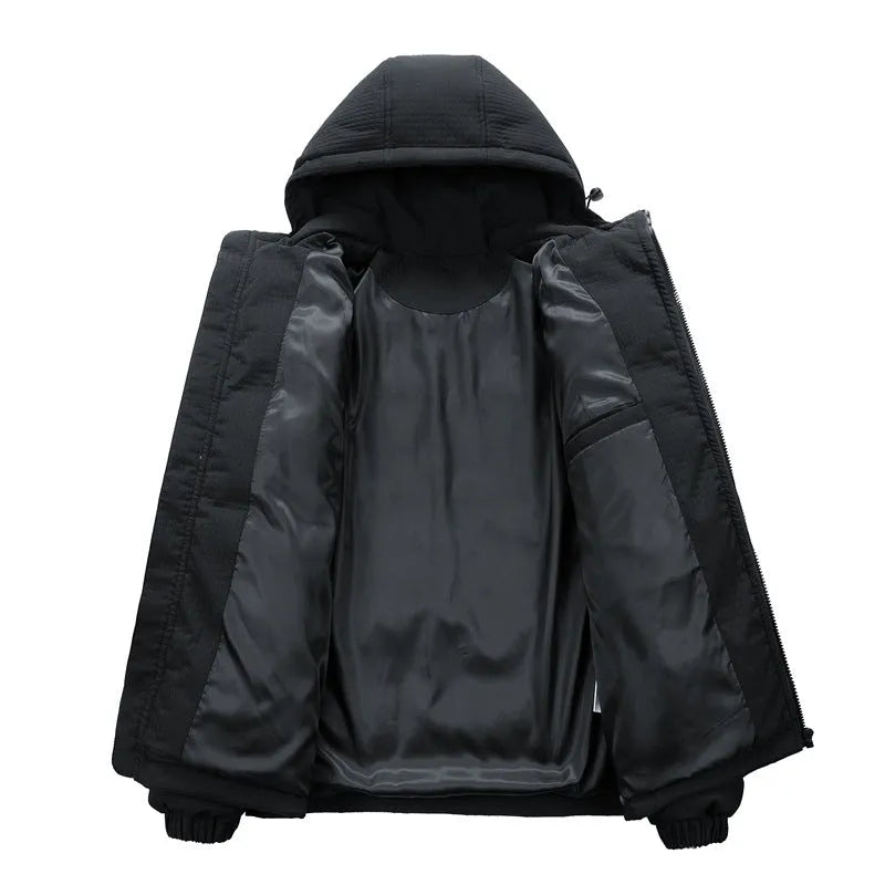 Men's black padded hooded cardigan coat in Korean style with side seam pockets.
