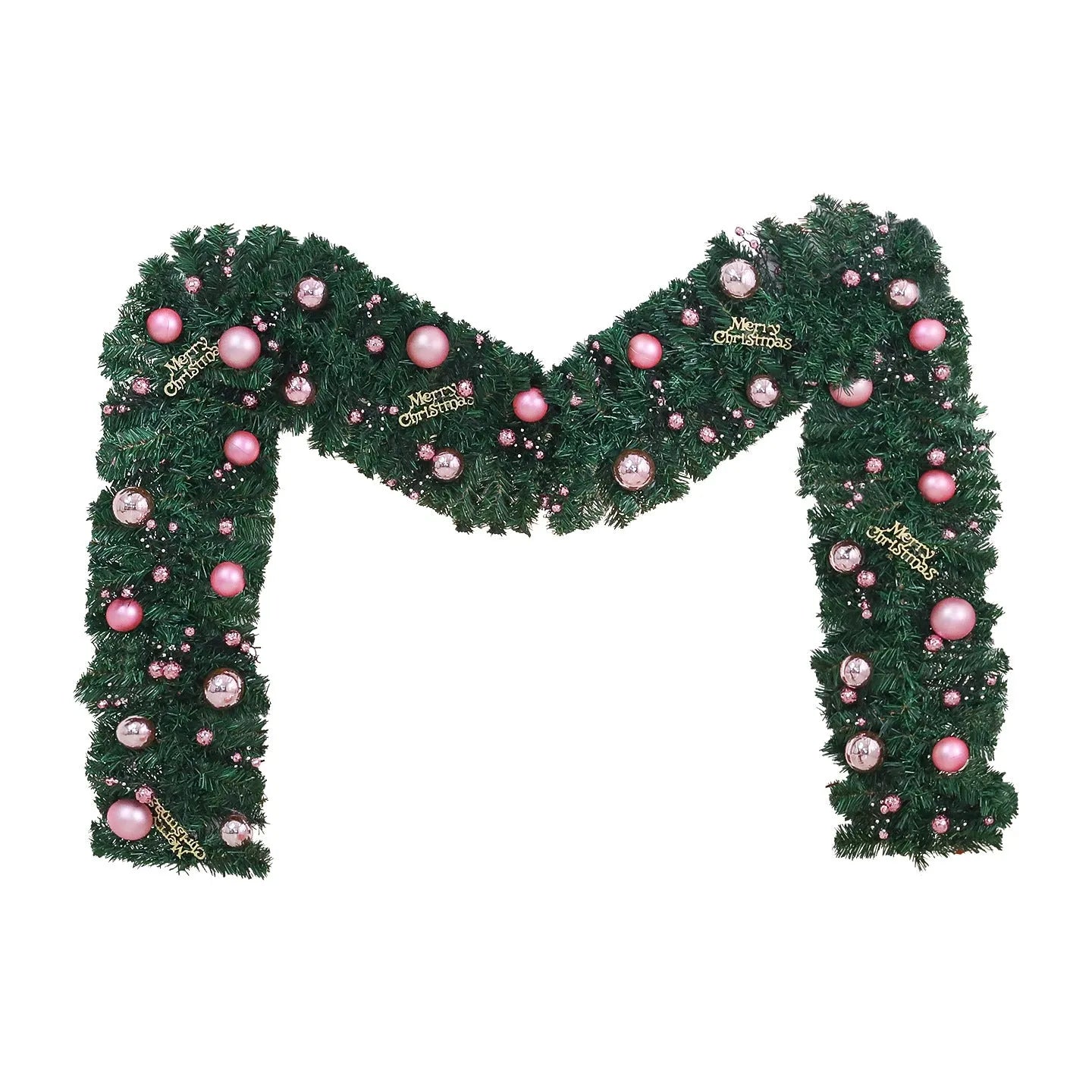 Pink artificial rattan Christmas garland with small fruit details and warm white LED lights, coiled to show its 2.7m length.