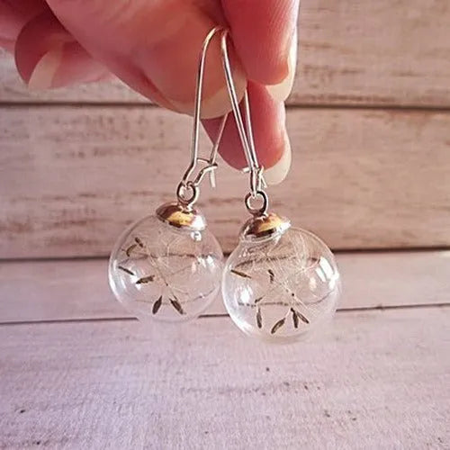 Transparent glass ball earrings on a French hook, showing dandelion seed design in silver and bronze finishes.