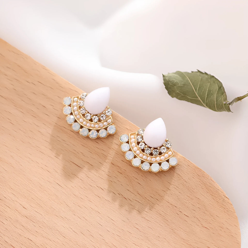 Women's silver retro fan-shaped drop earrings with opal and rhinestone geometric details.