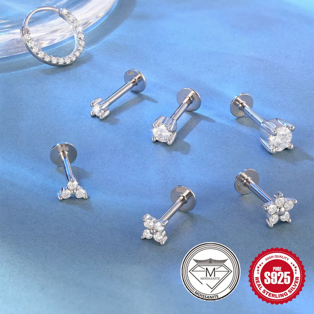 S925 sterling silver geometric stud earrings with petal diamond debris detailing in platinum colour finish