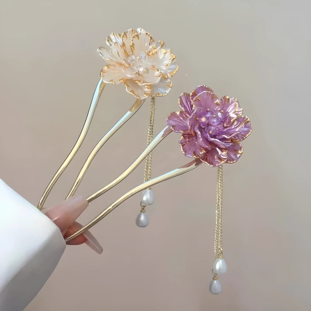 Purple and white retro peony flower with tassel on a U-shaped alloy hairpin.