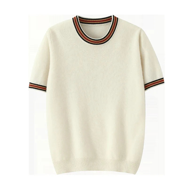 Men's white pure wool short sleeve round neck pullover sweater laid flat
