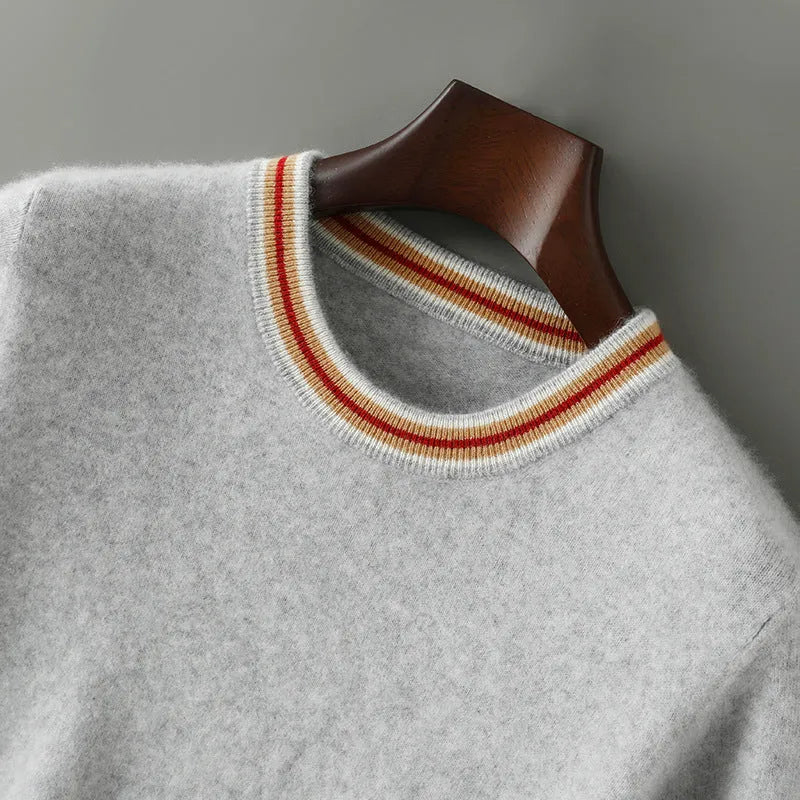 Men's white pure wool short sleeve round neck pullover sweater laid flat