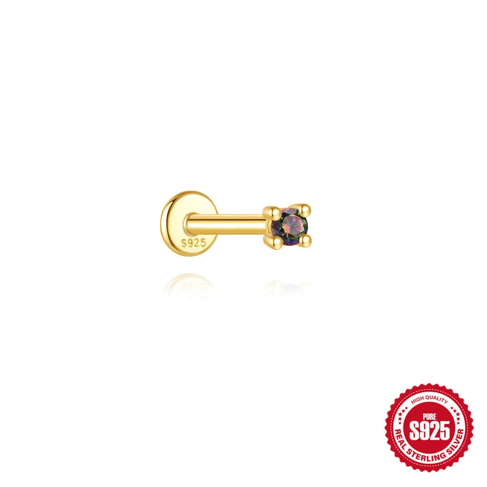 S925 sterling silver thread piercing earring with super shiny rainbow stone flat head in single gold colour.